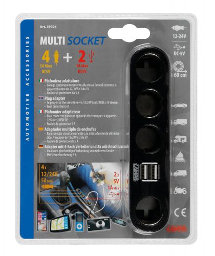Multi-Socket 4+2, 4 Dubbele Socket 12/24V + 2 USB